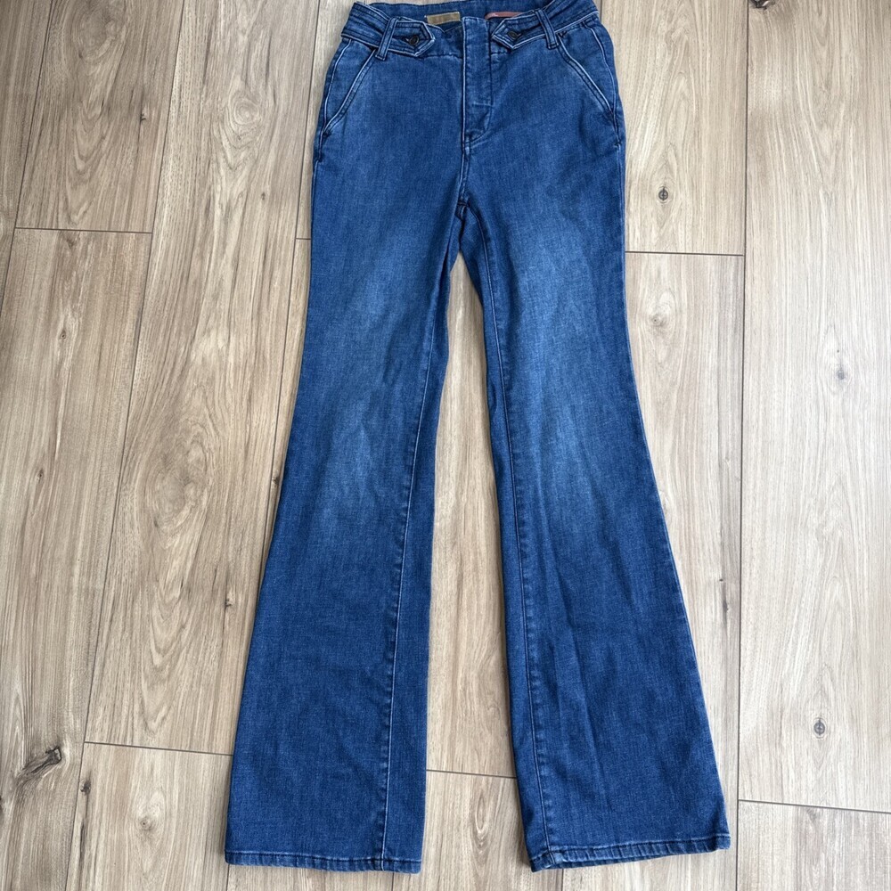 Pilcro Anthropologie Flare Jeans Mid Rise Stretch Blue 26 Bootcut Hippie Boho